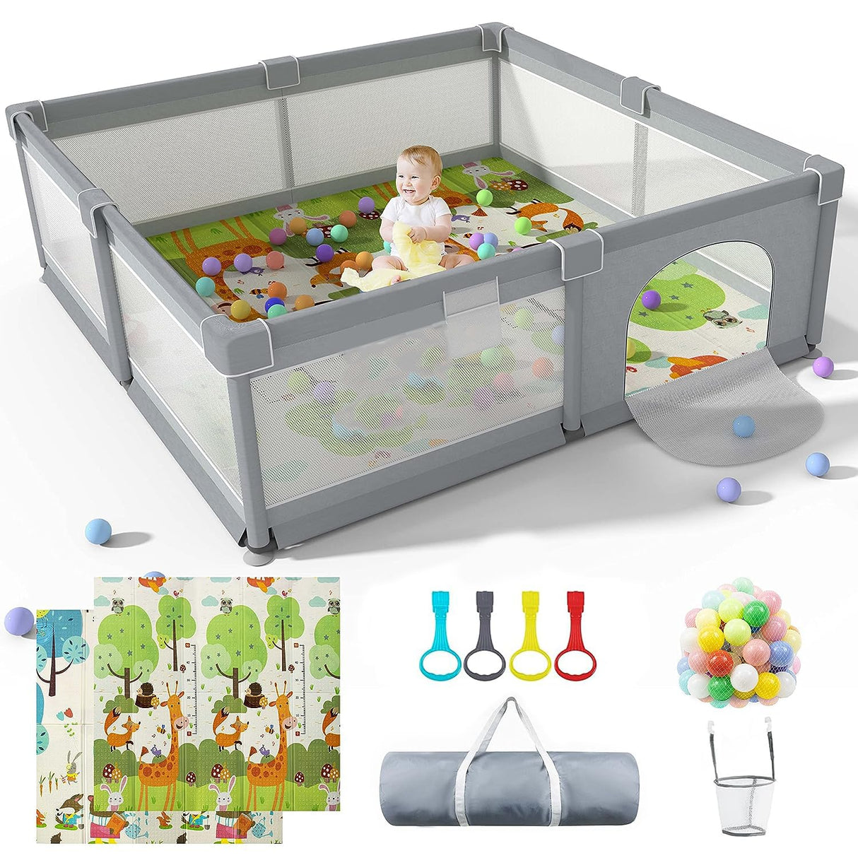 Large Baby Playpen with Mat - 200 x 180 cm Baby Play Yard for Toddler Indoor & Outdoor Kids Activity Center, Sturdy Safety Play Yard with Soft Breathable Mesh