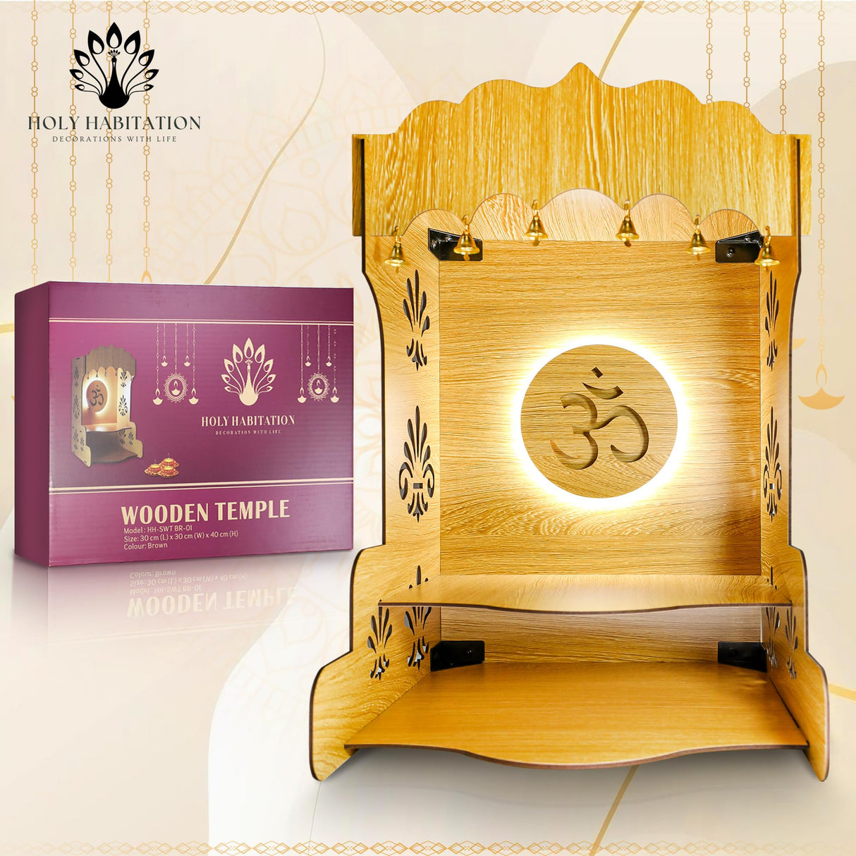 Wooden Pooja Temple for Home/Office – Elegant Pooja Mandir with Inbuilt Om Symbol LED Light & Storage – Beautiful Pooja Temple