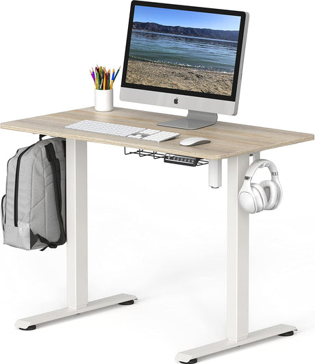 Electric Height Adjustable Sit Stand Desk with Hanging Hooks and Cable Management, 100 x 55 cm