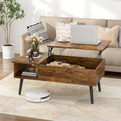 Lift Top Coffee Table with Hidden Large Compartment and Storage Shelf for Living Room Small Apartment Office Rectangle Wood Coffee Table Walnut