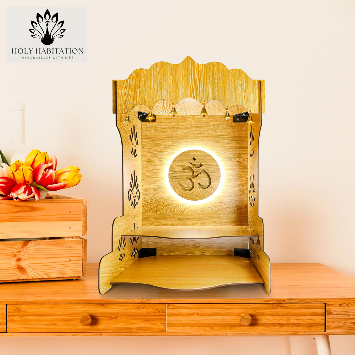 Wooden Pooja Temple for Home/Office – Elegant Pooja Mandir with Inbuilt Om Symbol LED Light & Storage – Beautiful Pooja Temple