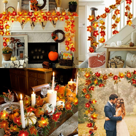 2 Pack Fall Decorations for Home Maple Leaf Lights Multicolored, 20Ft 40LED Battery Operated Fall Leaves Garland with Lights String Wedding Autumn Harvest Table Porch Indoor Thanksgiving Decorations