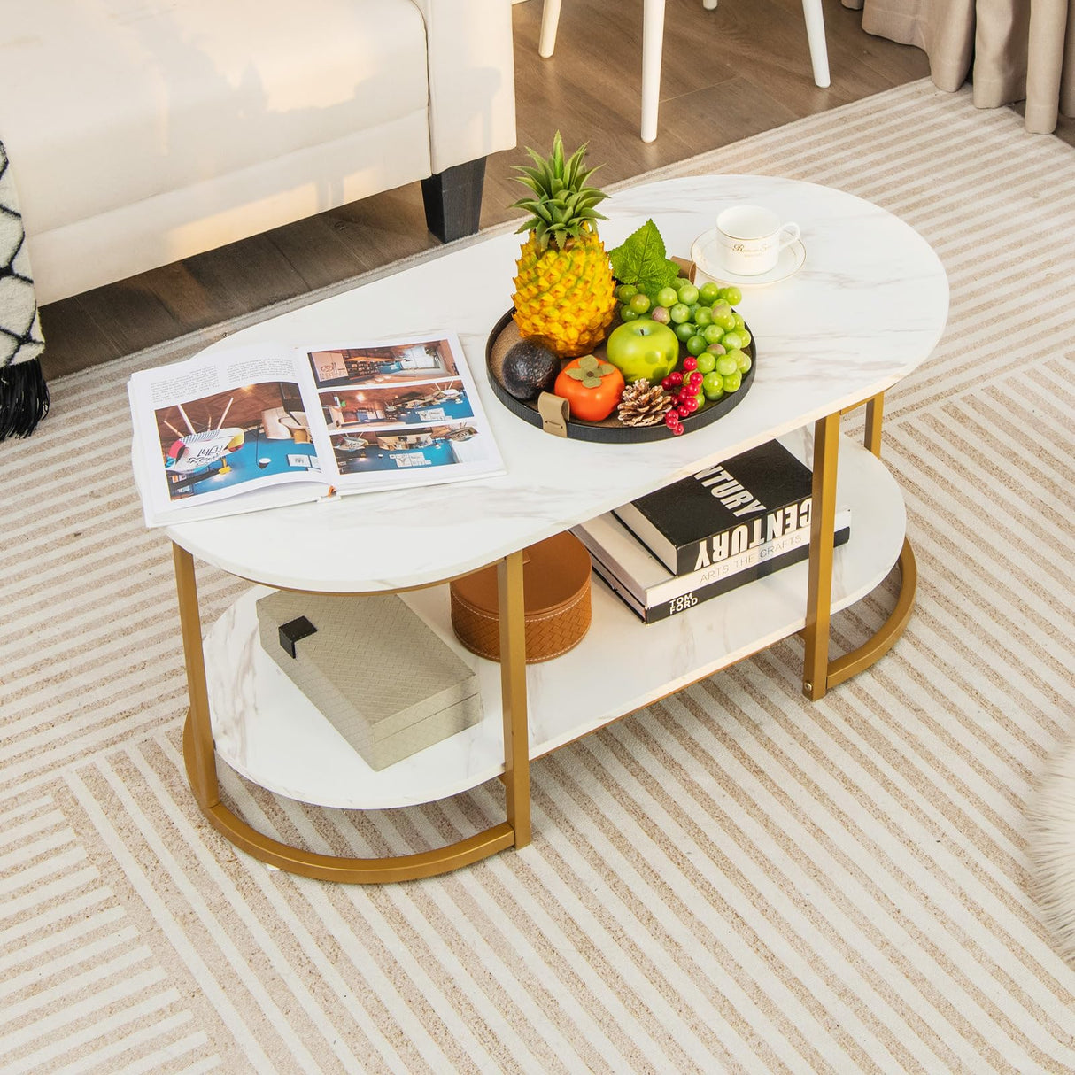 Faux Marble Coffee Table, Modern 2-Tier Center Table with Open Shelf, Oval Cocktail Table with Gold Finished Metal Frame for Living Room Bedroom, White