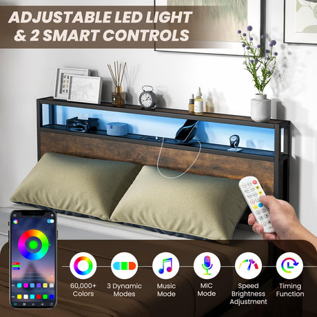 Queen Bed Frame with App Control RGB LED Lights, Metal Platform Bed with Storage Headboard, Charging Station & 4 Roll-Out Drawers, Noise-Free Mattress Foundation, No Box Spring Needed