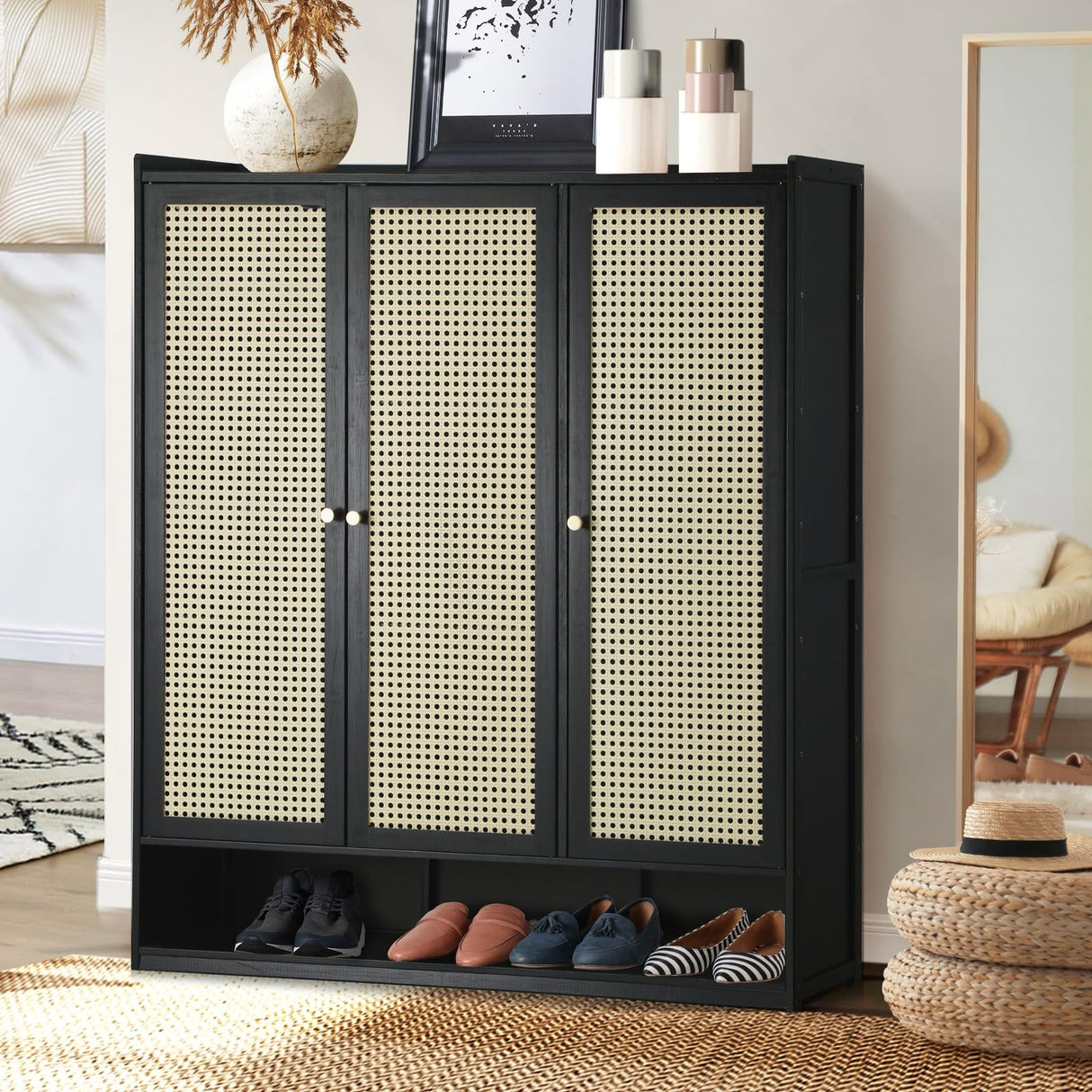 Shoe Cabinet Storage Wood Rack Shelf with 3 Rattan Doors