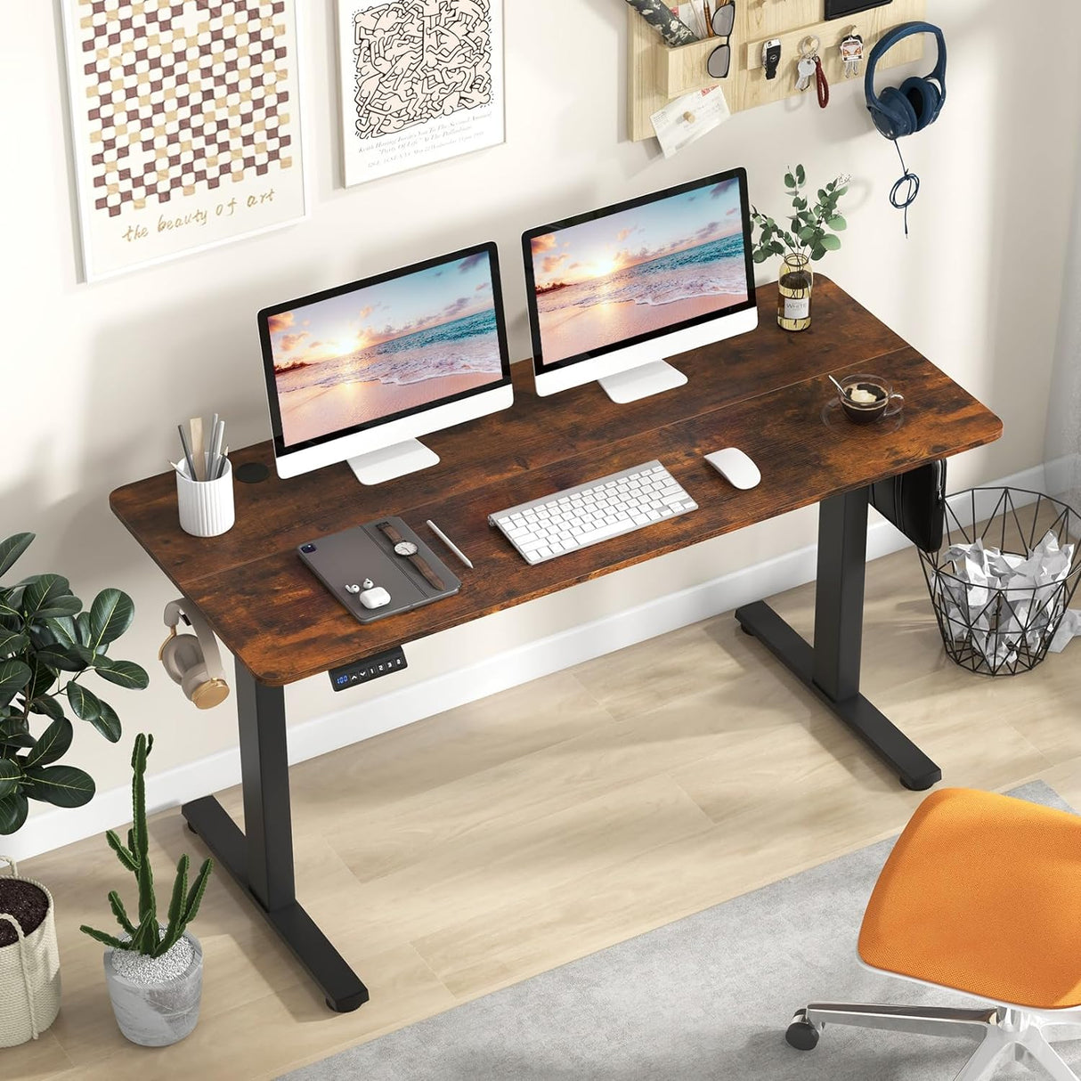 Electric Standing Desk, 140 x 60 cm Sit Stand Home Office Desk with 3 Memory Height Settings, Height Adjustable Computer Desk with 2 Hanging Hooks & Cable Management