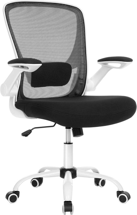 Office Chair, Swivel Chair with Mesh Covering, Ergonomic, Padded Lumbar Support, Rocker Function, 53 cm Seat, Folding Armrests