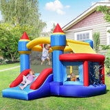 5-in-1 Inflatable Bounce House, Kids Jumper Bouncer w/Slide, Ball Shooting Area, 50 Ocean Balls, Stakes, Outdoor Indoor Jumping Bouncy Castle for Backyard Playground (Without Blower)