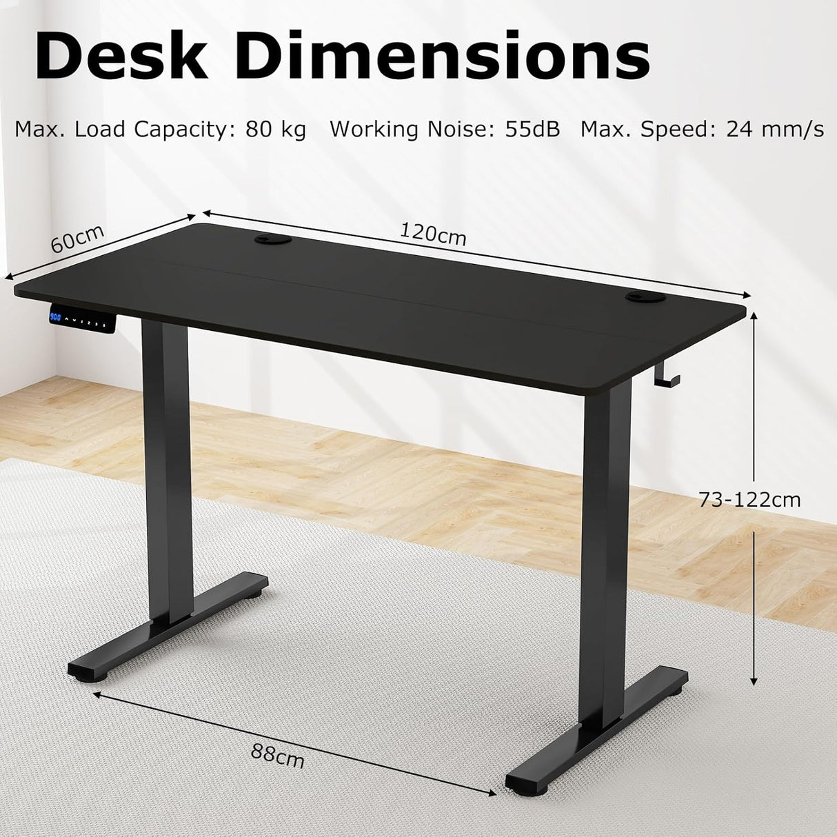 Electric Standing Desk, 120 x 60 cm Sit Stand Home Office Desk with 3 Memory Height Settings, Height Adjustable Computer Desk with 2 Hanging Hooks & Cable Management