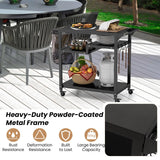 Outdoor Dining Cart Table, Pizza Oven Table, 3-Shelf Movable BBQ Cart with 4 Lockable Wheels, Hooks, Side Handle, Multifunctional Kitchen Food Prep Worktable, Portable Dining Cart BBQ Trolley