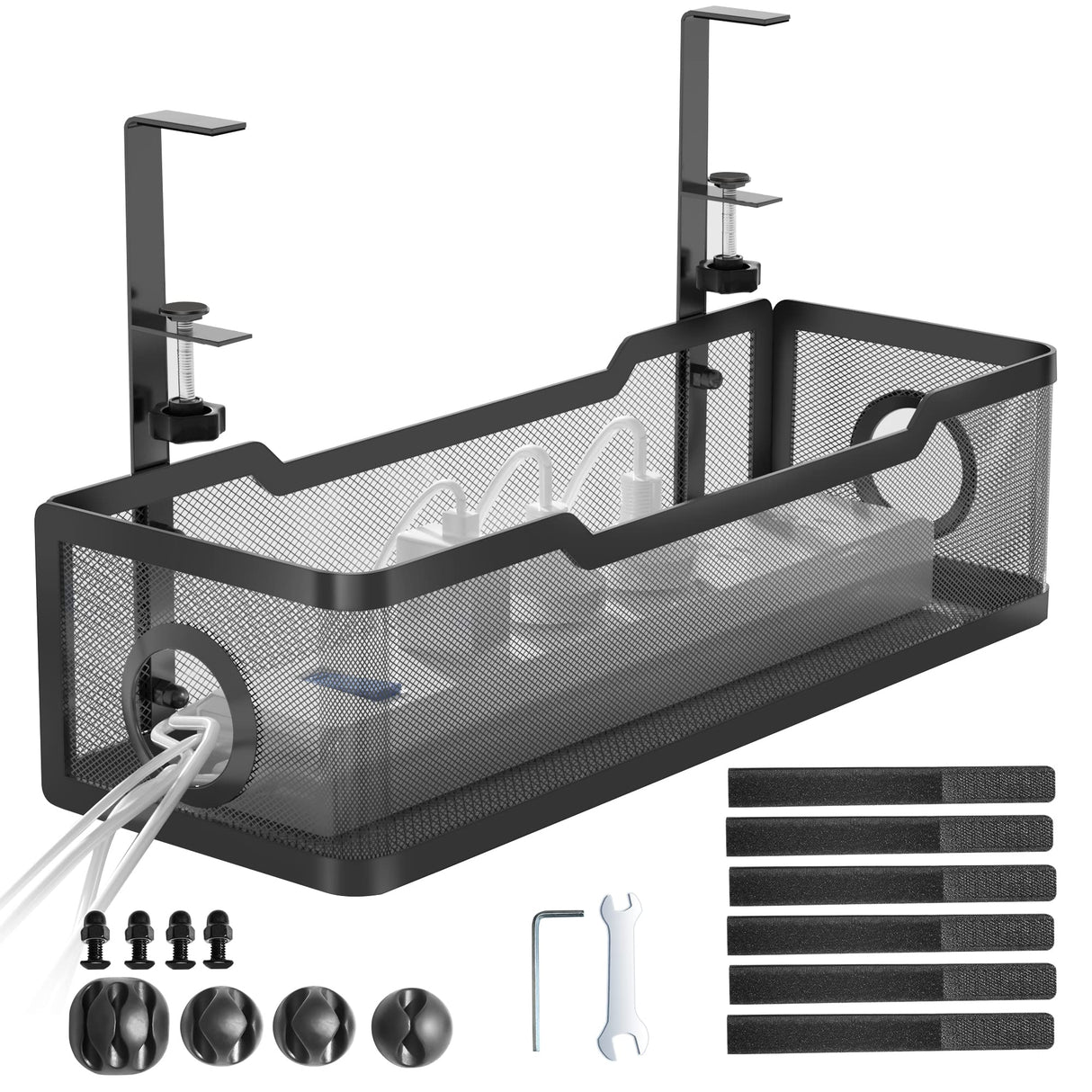 Under Desk Cable Management Tray Black, Cable Management Under Desk No Drill, 15.7Cable Tray with Clamp for Desk Wire Management,Desk Cable Management Box for Office, Home - No Damage to Desk