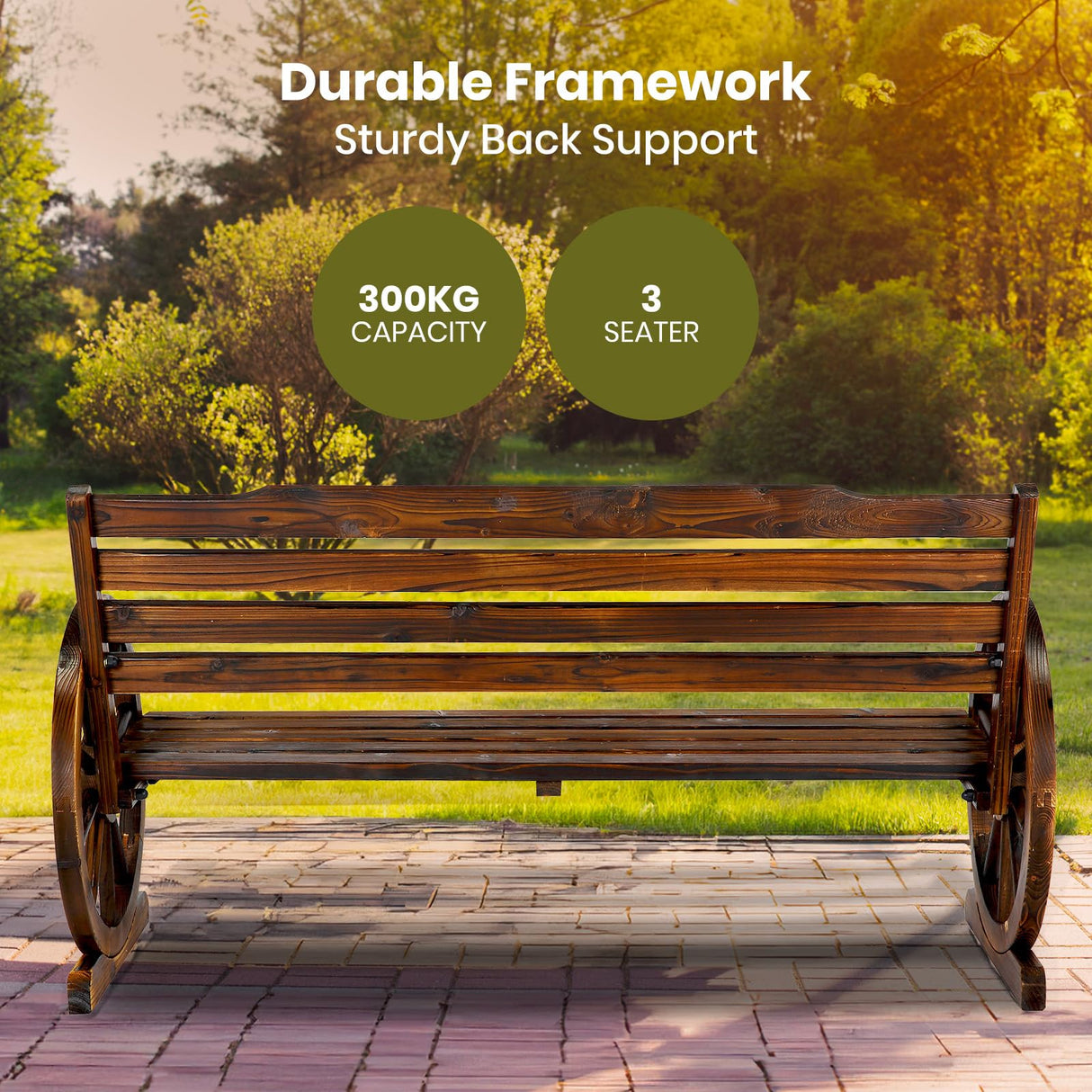 Patio Wood Bench 3-Seater - 142cm Fir Wood Wagon Style Outdoor Lounge Chair 300kg Capacity Ideal for Garden, Backyard, Balcony, Terrace, Porch - Relaxing Outdoor Charcoal Lounger Furniture