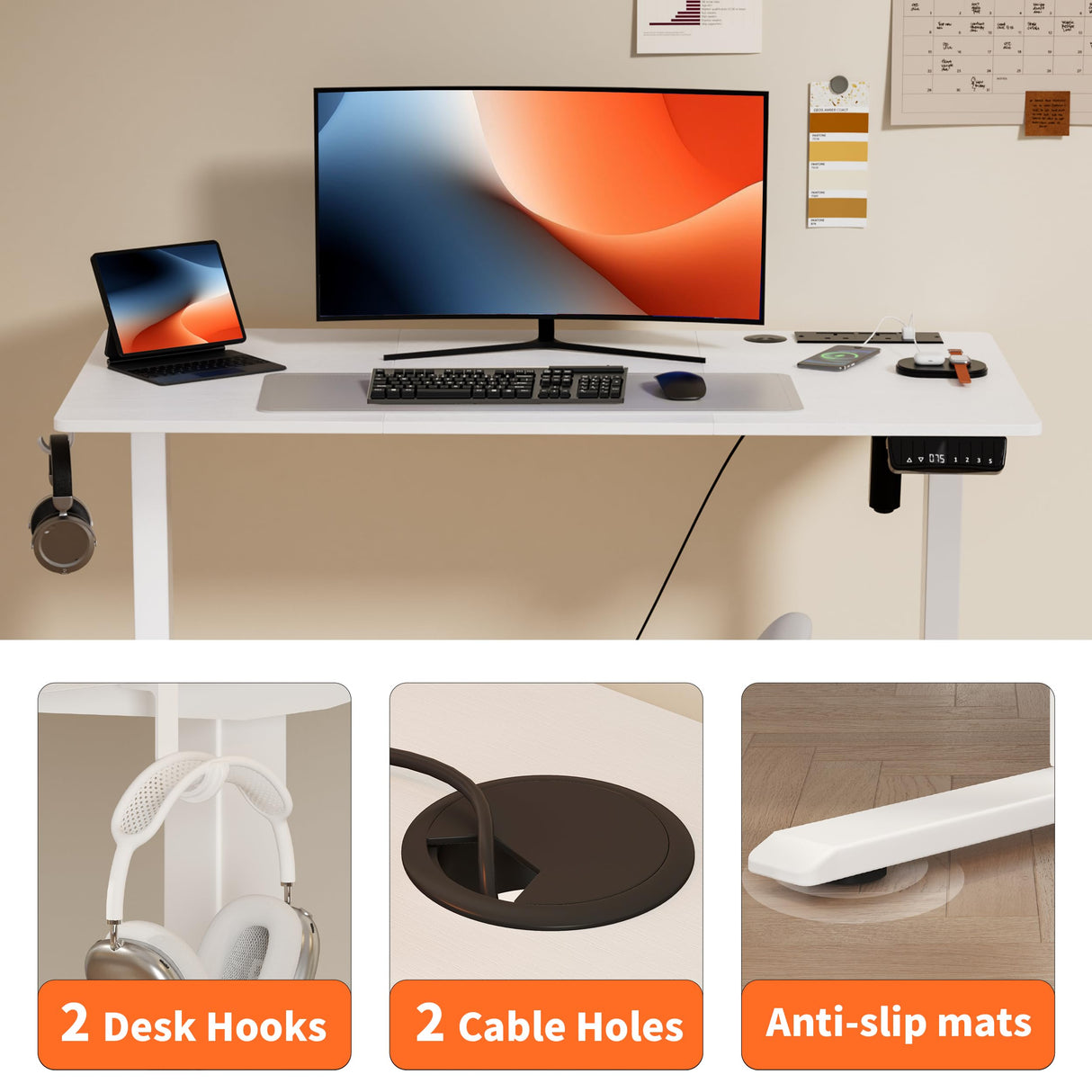 Height Adjustable Desk, 120cm Electric Standing Desk, Power Outlets, Home Office & Gaming Workstation, Easy Assembly, Versatile Table, White