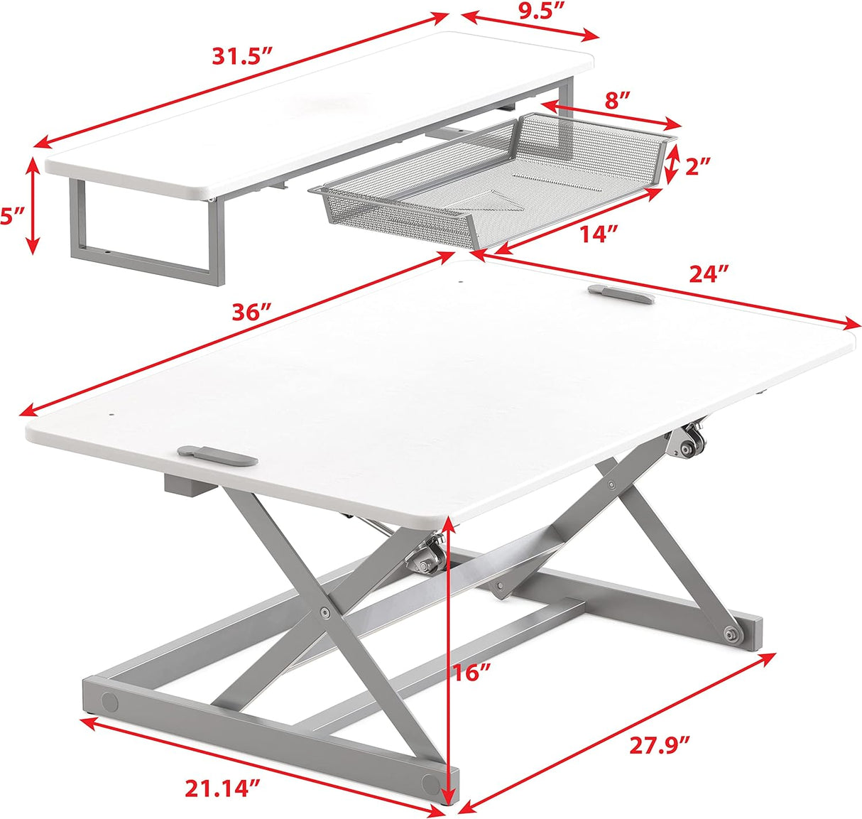 Height Adjustable Standing Desk Converter with Pneumatic Lift and Monitor Riser, 36-Inch, White