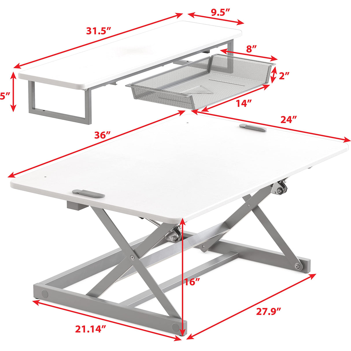 Standing Desk Converter 90cm Pneumatic Height Adjustable with Monitor Riser, White