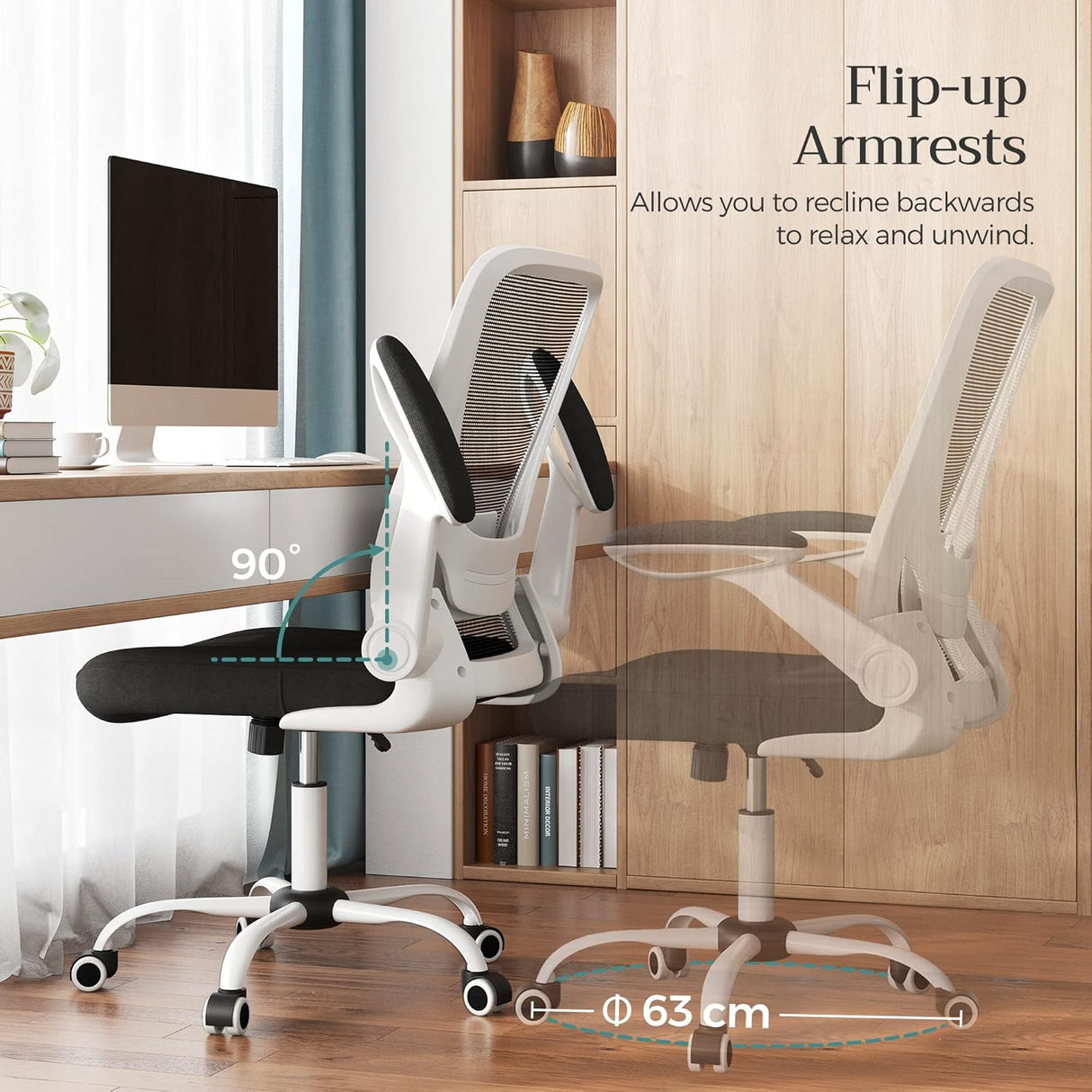 Office Chair, Swivel Chair with Mesh Covering, Ergonomic, Padded Lumbar Support, Rocker Function, 53 cm Seat, Folding Armrests