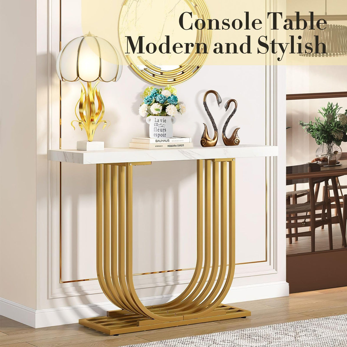 Console Table Narrow Table Coffee Side Desk U Shaped Metal Frame Marble White Living Room Office Entry Office