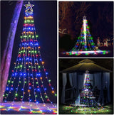 3.5m Christmas Star Lights 350 LED Outdoor Christmas Tree Lights, Waterproof LED Light of 8-Light Modes, Waterfall Christmas Lights with Solar, Decor for Christmas Tree,Yard,Party (Solar)