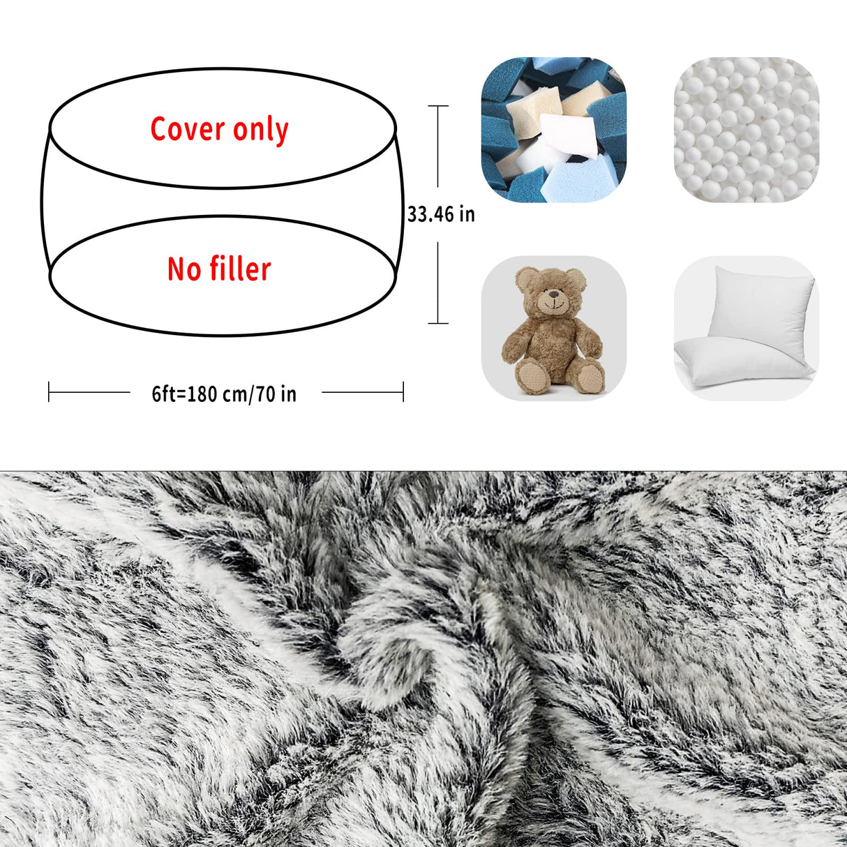 Bean Bag Chair Cover(Cover Only,No Filler),Big Round Soft Fluffy PV Velvet Washable Bean Bag Lazy Sofa Bed Cover for Adults,Living Room Bedroom Furniture Outside Cover,180cm Snow Grey.