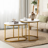 Set of 2 Coffee Table Round Marble Nesting Table Side End Table White and Gold