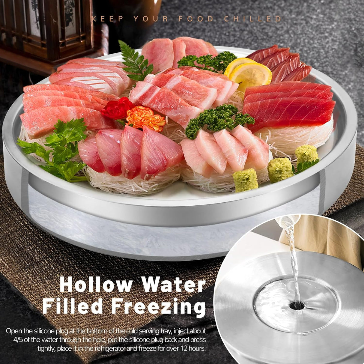 Stainless Steel Chilled Serving Tray, Silver Cold Serving Tray Platter with Ice Chamber, Shrimp Cocktail Serving Dish with Ice, Chilled Serving Bowl for Party Fruit Food Buffet