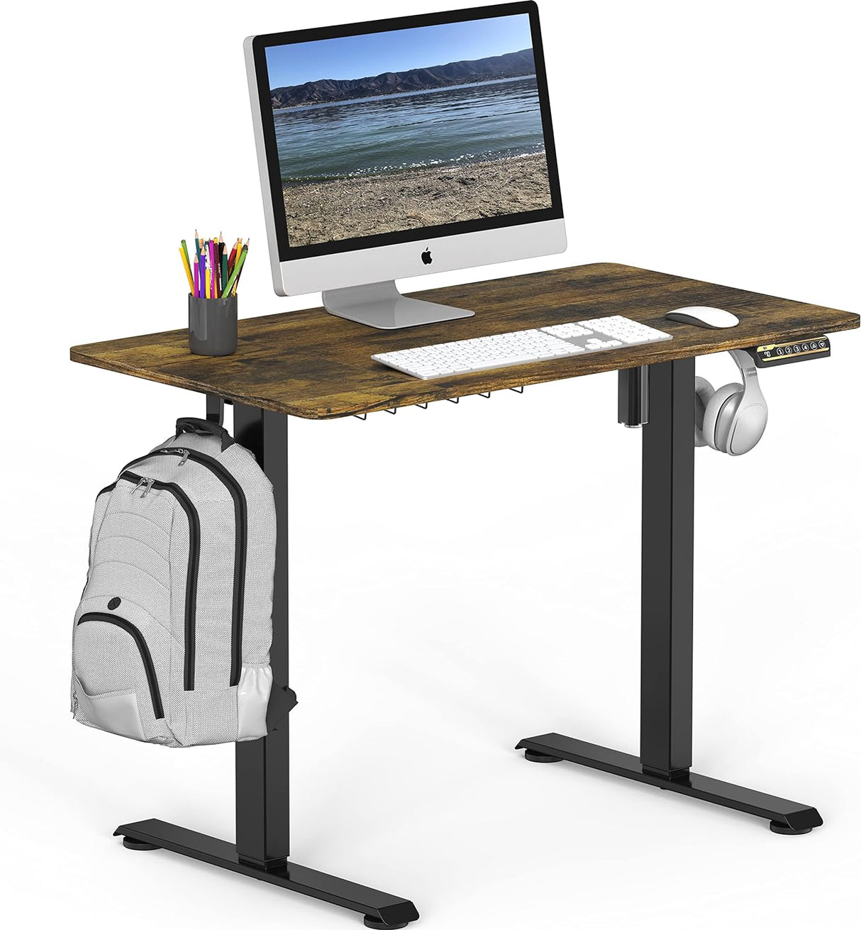 Electric Height Adjustable Sit Stand Desk with Hanging Hooks and Cable Management, 100 x 55 cm