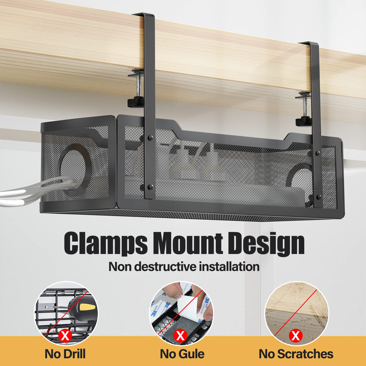 Under Desk Cable Management Tray Black, Cable Management Under Desk No Drill, 15.7Cable Tray with Clamp for Desk Wire Management,Desk Cable Management Box for Office, Home - No Damage to Desk