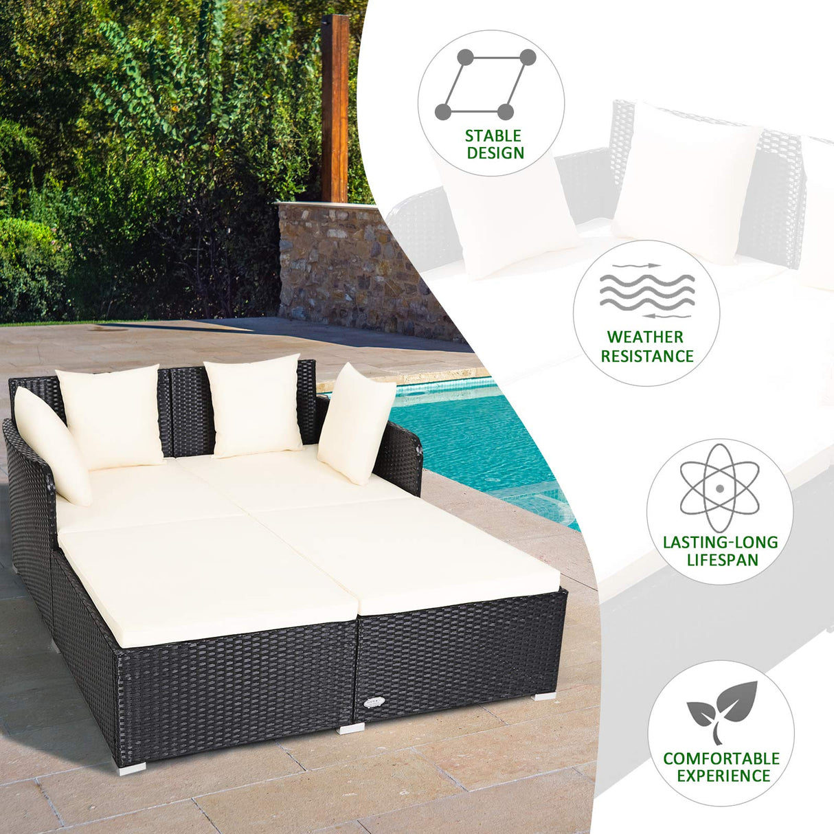 Rattan Daybed, Outdoor Furniture w/Spacious Seat, Weather-Resistant Rattan, Upholstered Cushion w/High-Resilience Sponge, Extra Pillows, Perfect for Courtyard Poolside Living Room (Beige)