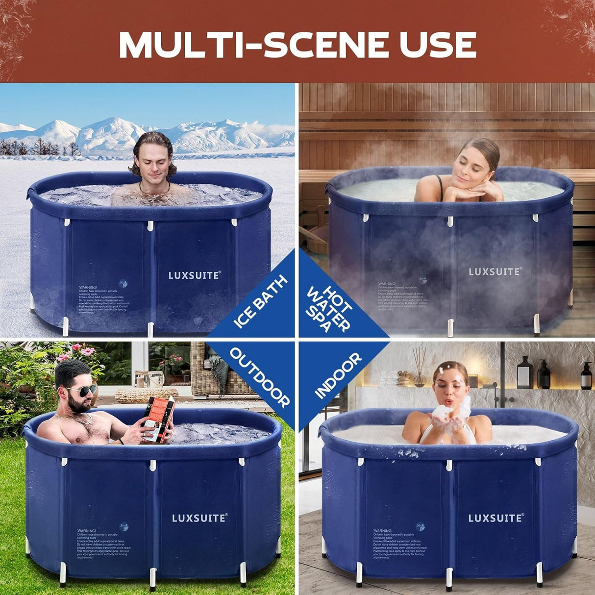 300L Portable Bathtub Foldable Soaking Ice Bath Spa Tub Thickening Freestanding for Adults Home Bathroom, Blue