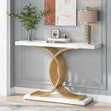 Gold Entryway Table, Modern 39-Inch Console/Accent Table with Geometric Metal Legs, Faux Marble Narrow Wood Sofa Table, Foyer Table for Entrance, Living Room (Gold & White)