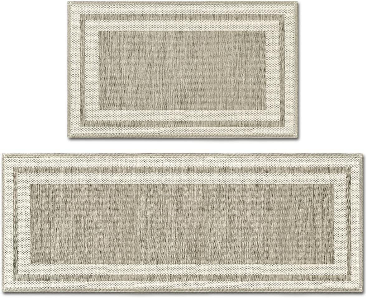 Rubber Non-Slip Washable Absorbent Kitchen Rugs and Mats Set of 2, Kitchen Mats for Floor Kitchen Runner Hallway Laundry Room in Front of Sink Beige Grey - 43 x 73 and 43 x 118 cm