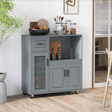 Rolling Kitchen Island with Wheels, Kitchen Cart with Drawer and Glass Door Storage Cabinet, Buffet Sideboard Cabinet Portable Kitchen Island with Microwave Shelf, Grey