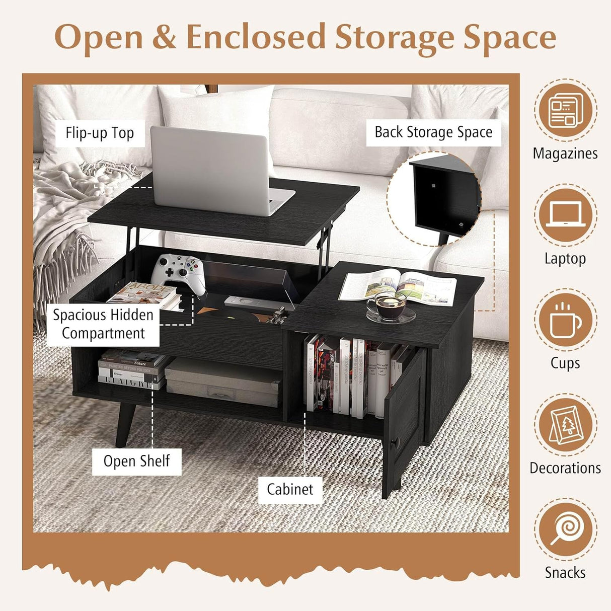 Lift Top Coffee Table with Storage, Living Room Table with Hidden Compartment, Cabinet & Open Shelf, Flip Top Center Table, Pull up Coffee Table for Home, Office