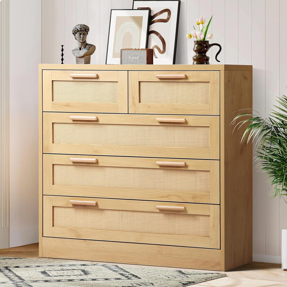 Rattan Dresser with 5 Drawers Hallway Tallboy, Bedroom Chests of Drawers with Handles, Living Room Side Cabinet Standing Storage Cupboard, Home Furniture Organiser Sideboard, Wood Colour