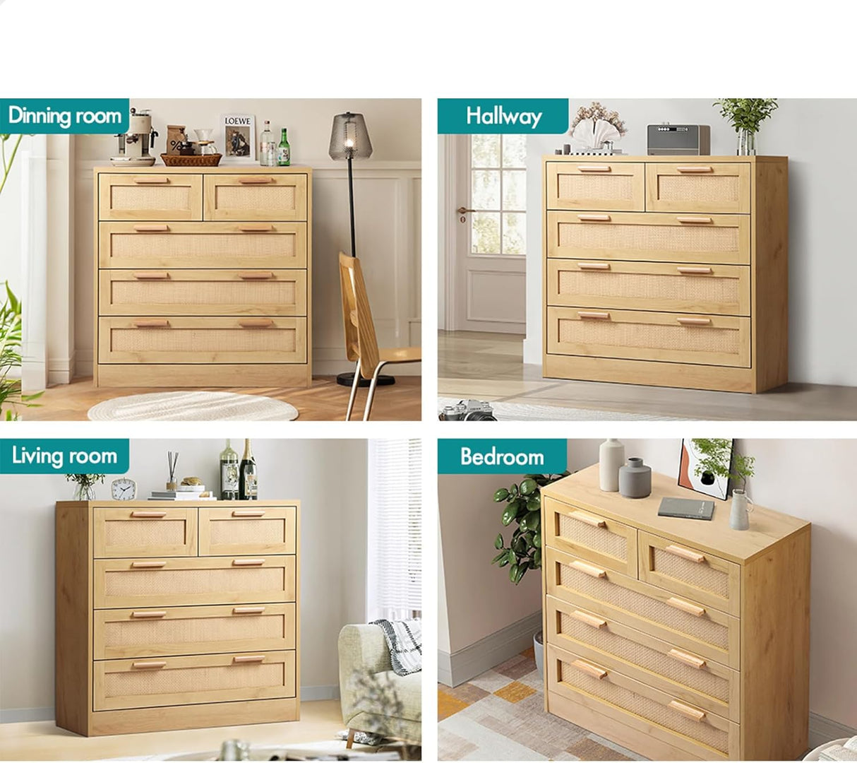 Rattan Dresser with 5 Drawers Hallway Tallboy, Bedroom Chests of Drawers with Handles, Living Room Side Cabinet Standing Storage Cupboard, Home Furniture Organiser Sideboard, Wood Colour