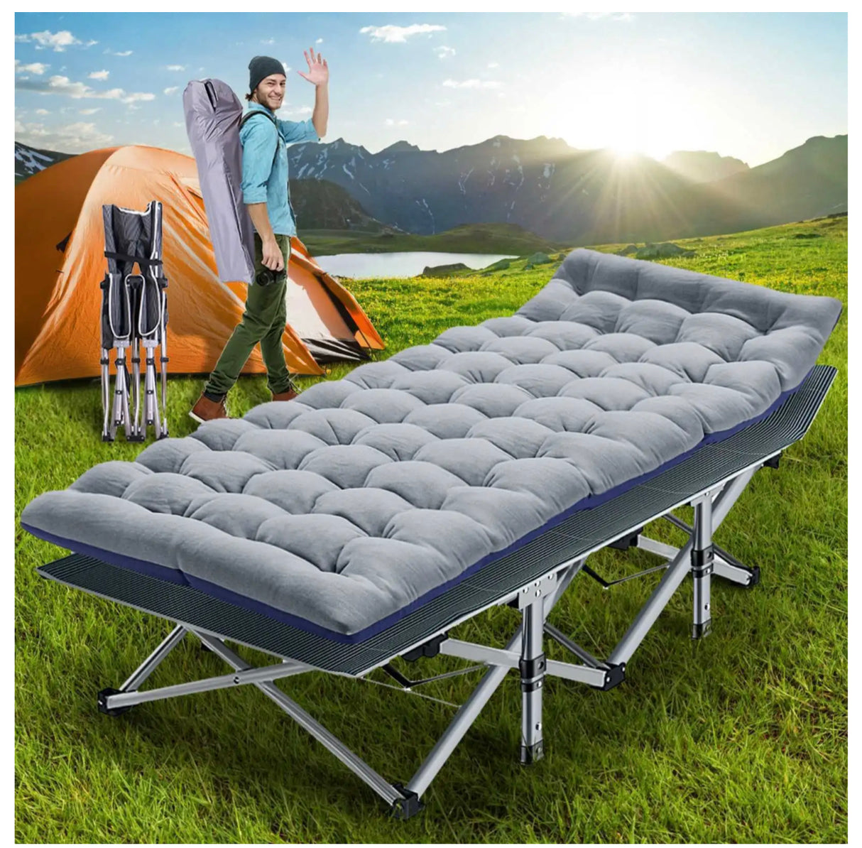 Camping Stretcher Single Foldable Folding Bed Mattress Recliner Mat with Bag