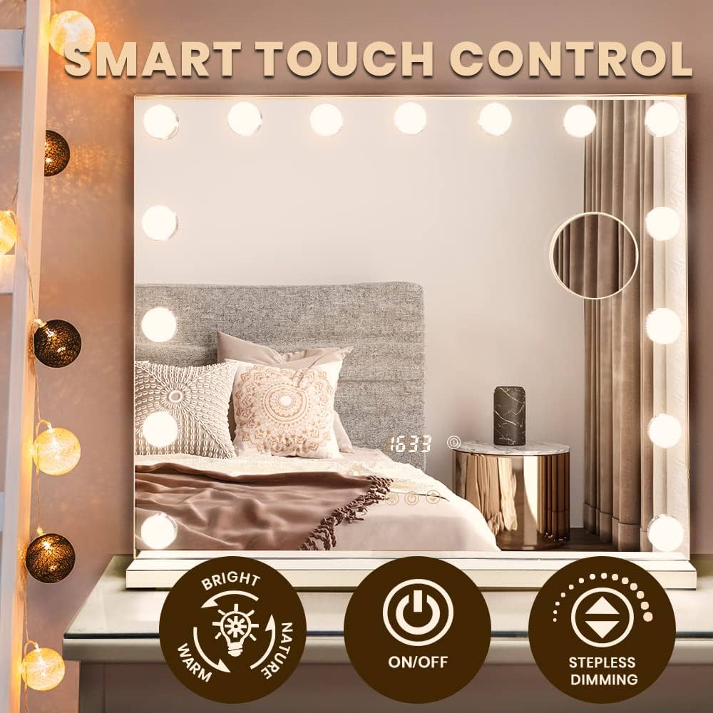 Hollywood LED Mirrors Vanity Makeup Mirror with Lights Stand, Smart Touch Control Screen and Time Display, 15 Dimmable LED Lights Stable Base White, 60x52cm