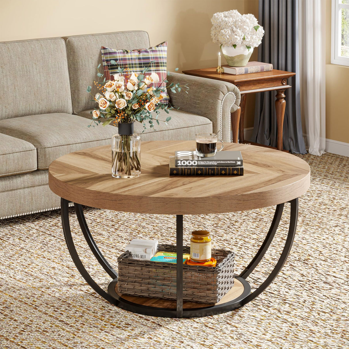 31.7" Round Coffee Table, Industrial 2-Tier Circle Coffee Table with Storage Shelves, Modern Wooden Accent Center Table Sofa Side Table for Living Room, Home Office, Wooden Grain