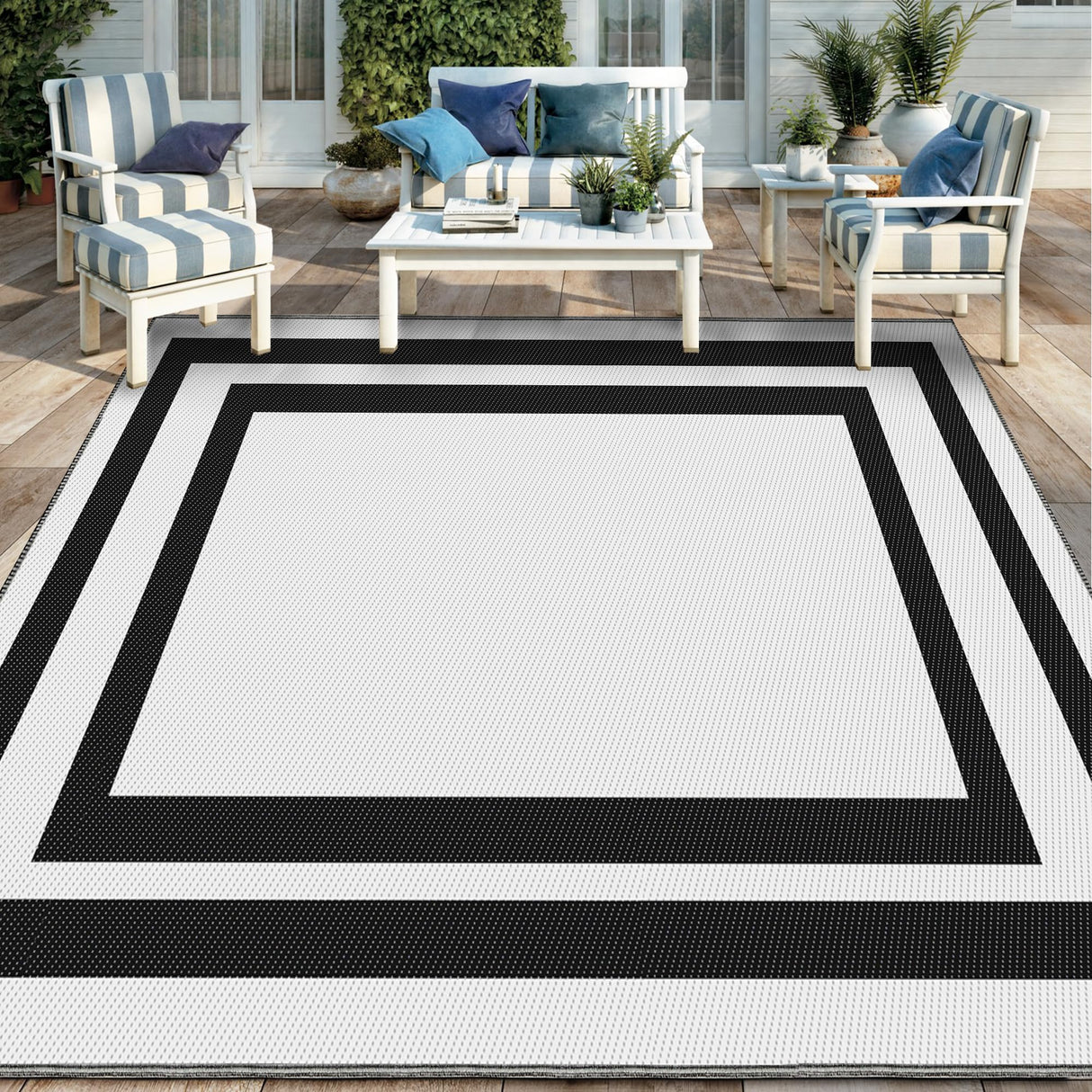 Extra Large Outdoor Rug- Reversible Portable Outdoor Plastic Straw Rug, Porch Rug, Waterproof Mat for Rv, Deck, Camping, Balcony, Patio, Backyard (150x245 cm, Black & White)