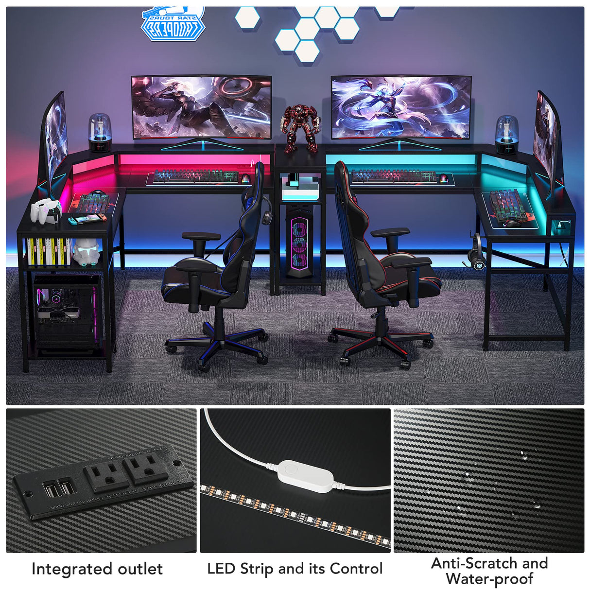 L-Shaped Gaming Desk with Power Outlets & LED Strips, L-Shaped Computer Desk with Storage Shelves, Corner Gaming Desk with Monitor Stand, Black Modern Writing Desk Home Office, Game Room