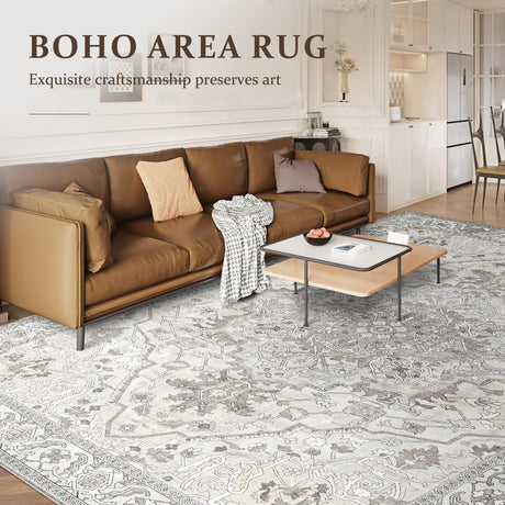 Vintage Area Rugs 200x250 for Livingroom Bedroom, Machine Washable Rug with Anti-Slip Botton Shortpile Large Soft Carpet for Livingroom Bedroom Kitchen Floor Indoor Home(200x250cm,Biege)