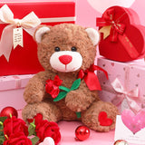 Bear Stuffed Animal Love Plush Toy with Bow for Valentine Day,Cute 10.6" Plushie with Rose Soft Small Cuddly Toy,Valentine’s Day Gifts for Girlfriend Boyfriend Her Girls Boys (Bear)