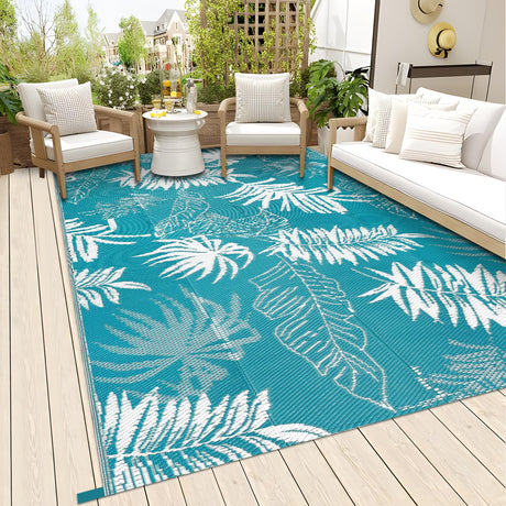 Outdoor Reversible Rug Waterproof Outdoor Patio Rug Plastic Large Floor Mat Lightweight Indoor Outdoor Rug Carpet Plastic Straw Rug for Camping Deck RV Backyard Picnic (Teal) 150x245cm