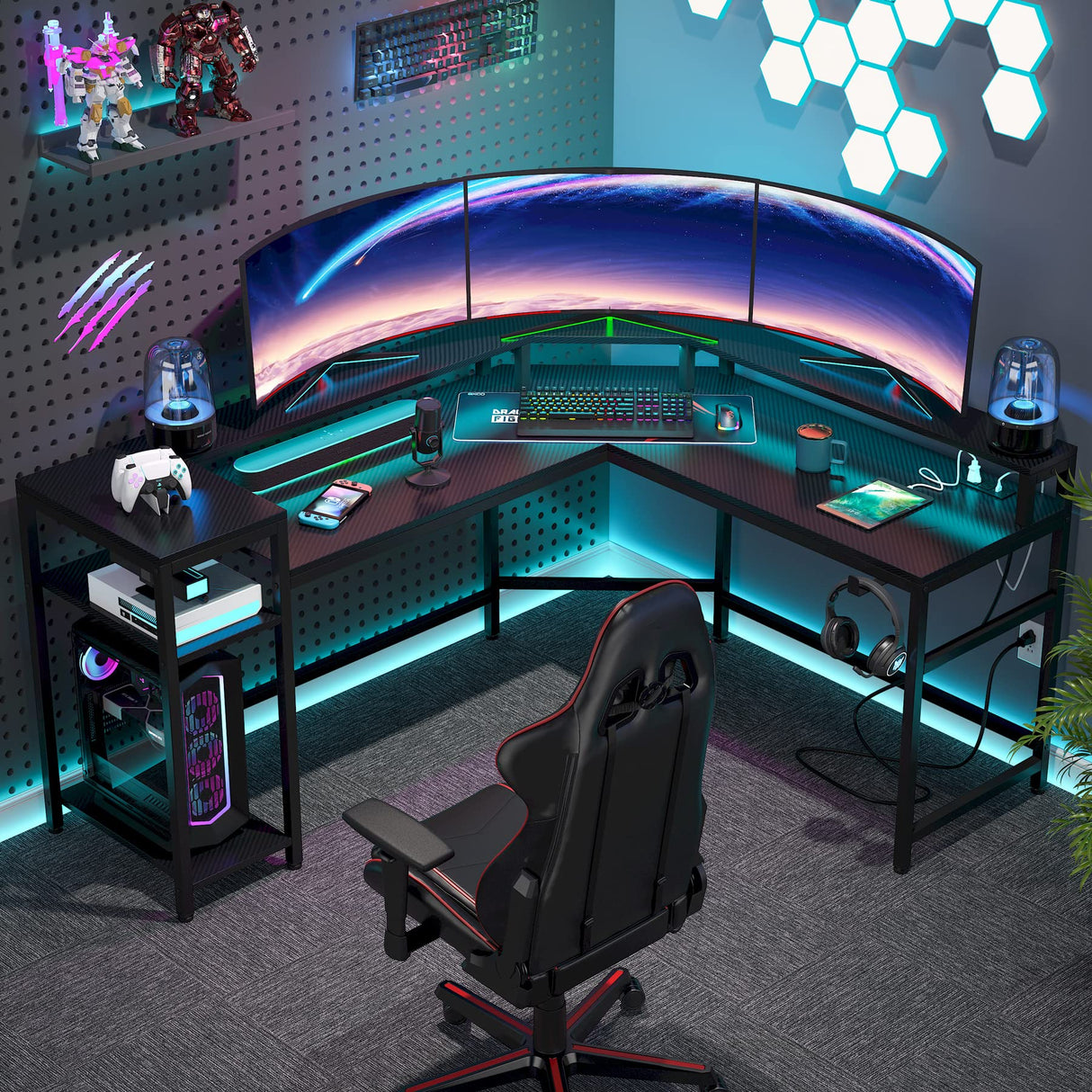 L-Shaped Gaming Desk with Power Outlets & LED Strips, L-Shaped Computer Desk with Storage Shelves, Corner Gaming Desk with Monitor Stand, Black Modern Writing Desk Home Office, Game Room