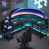 L-Shaped Gaming Desk with Power Outlets & LED Strips, L-Shaped Computer Desk with Storage Shelves, Corner Gaming Desk with Monitor Stand, Black Modern Writing Desk Home Office, Game Room