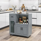 Rolling Kitchen Island with Wheels, Kitchen Cart with Drawer and Glass Door Storage Cabinet, Buffet Sideboard Cabinet Portable Kitchen Island with Microwave Shelf, Grey