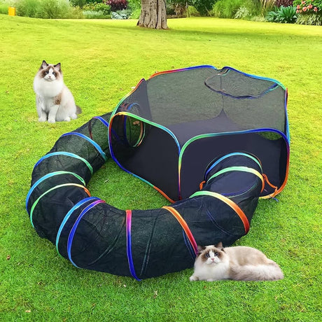 Outdoor Cat Enclosures, Portable Cat Tent for Outside Cat Playpen Enclosed with Tunnel, Small Animal Playpen Guinea Pig Rabbit Cage,Pop Open Exercise Yard Fence with Top Cover