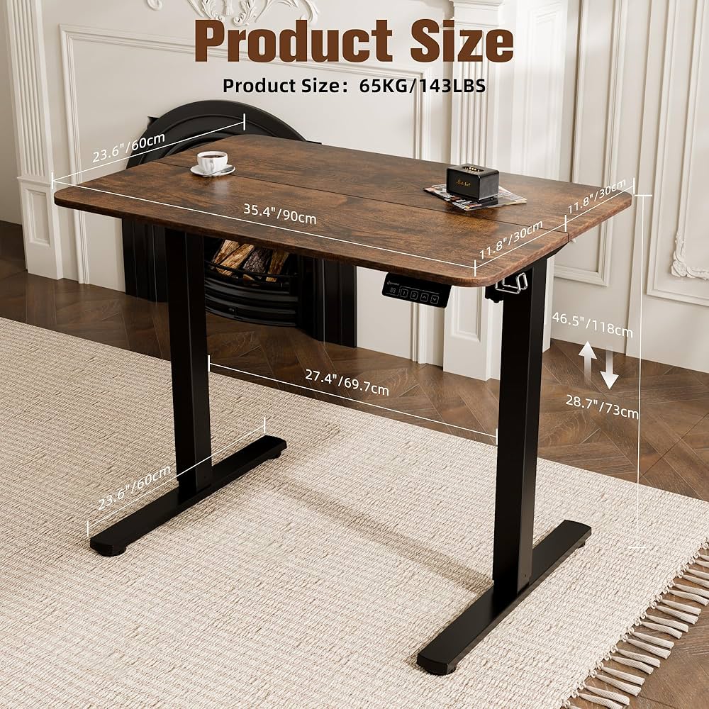 Electric Standing Desk 90x60cm (35.4"x23.6"), Height Adjustable Standing Desk with Splice Board, Stand Up Desk with Hook and Memory Smart Handset