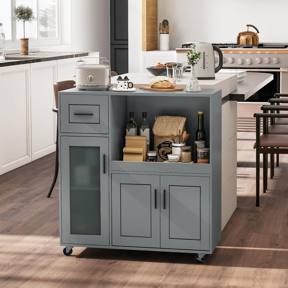 Rolling Kitchen Island with Wheels, Kitchen Cart with Drawer and Glass Door Storage Cabinet, Buffet Sideboard Cabinet Portable Kitchen Island with Microwave Shelf, Grey