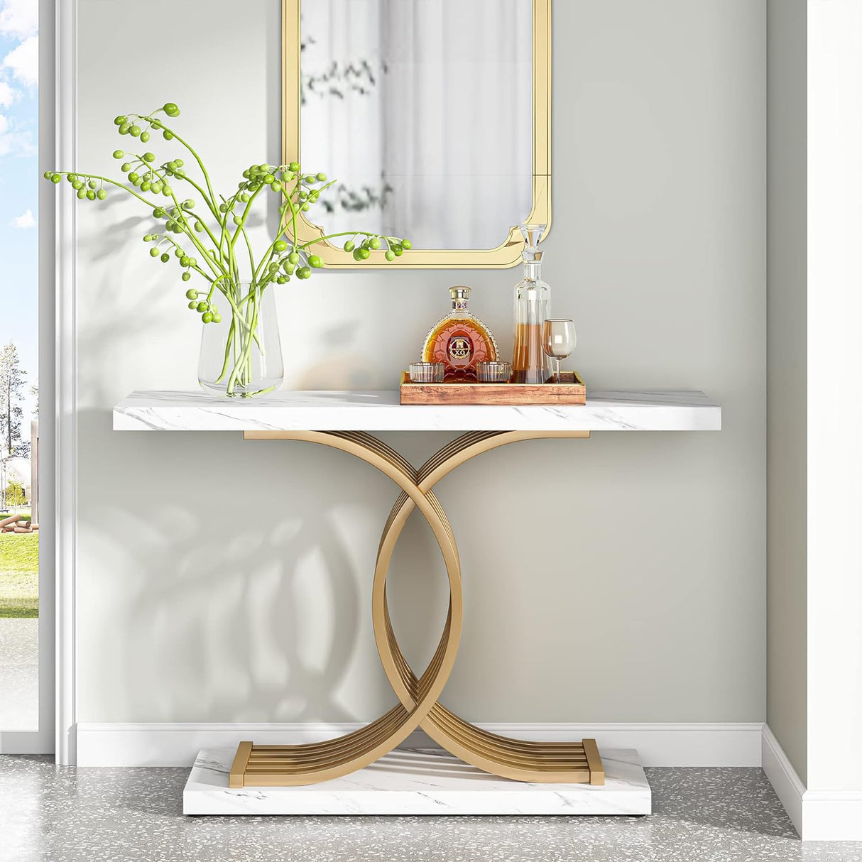 Gold Entryway Table, Modern 39-Inch Console/Accent Table with Geometric Metal Legs, Faux Marble Narrow Wood Sofa Table, Foyer Table for Entrance, Living Room (Gold & White)